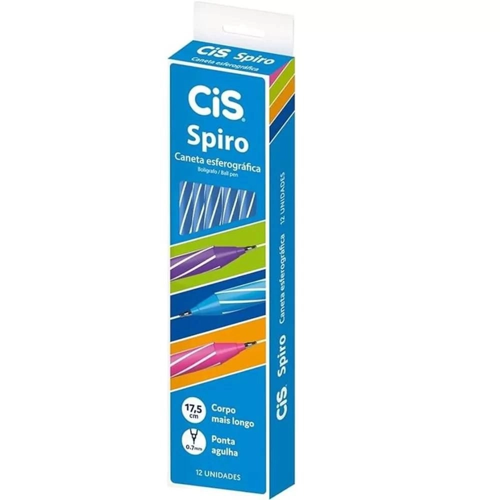 12  Canetas Esferográficas Cis Spiro: ponta 0.7mm - Tinta Azul