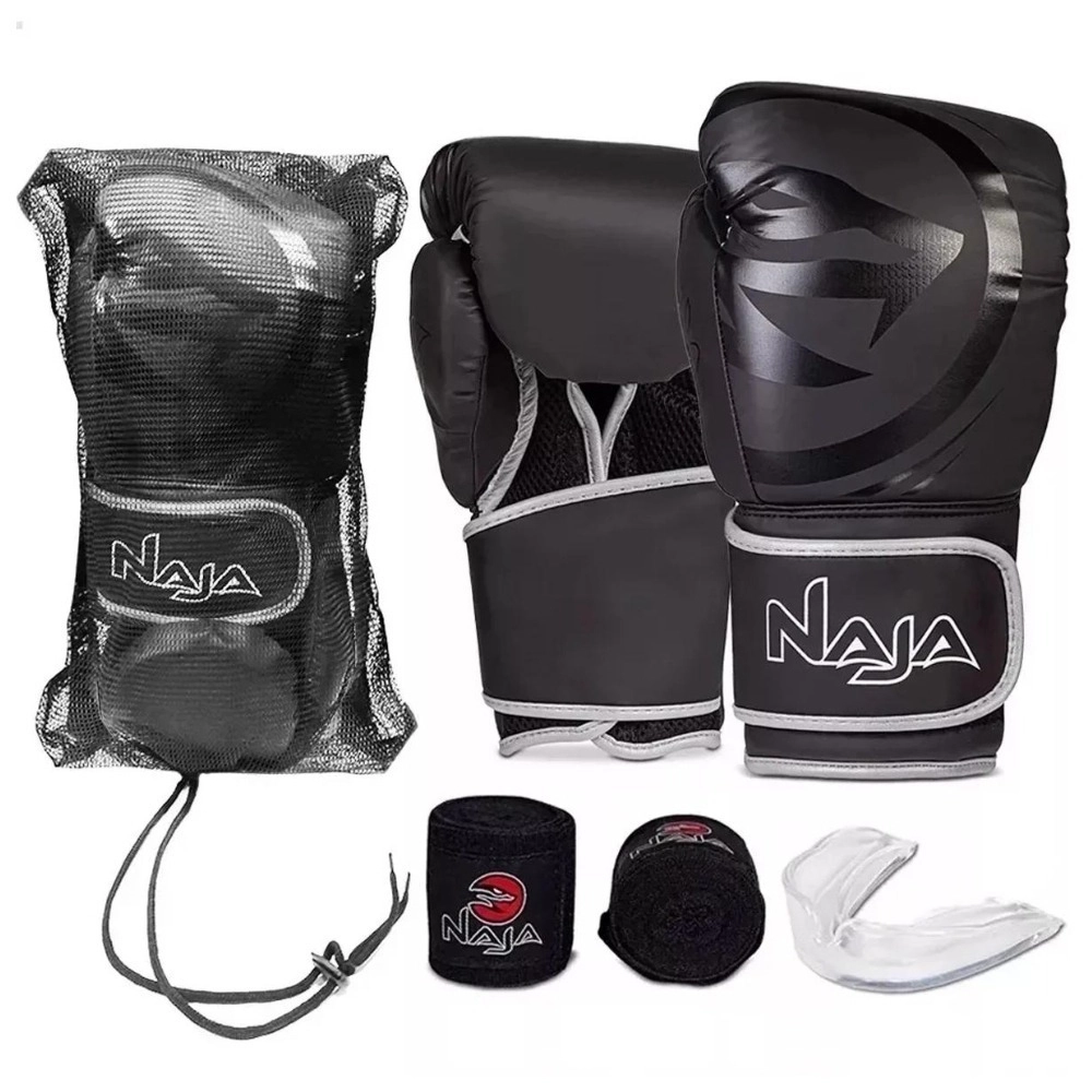 Kit Luva Black de Muay Thai e Boxe + Bandagem + Protetor Bucal + Bolsa, Preto/Prata, 12 Oz