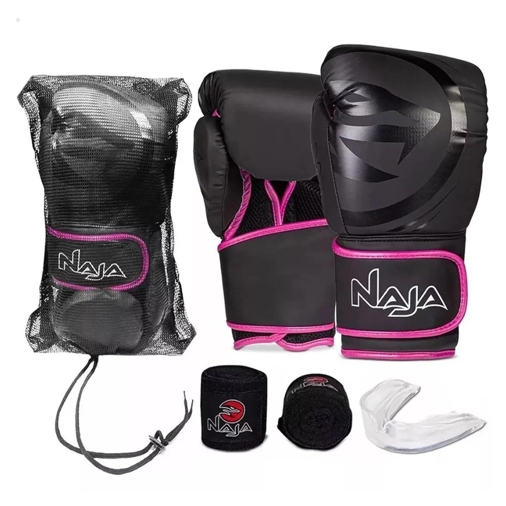 Kit Luva Black de Muay Thai e Boxe + Bandagem + Protetor Bucal + Bolsa, Preto/Rosa, 12 Oz