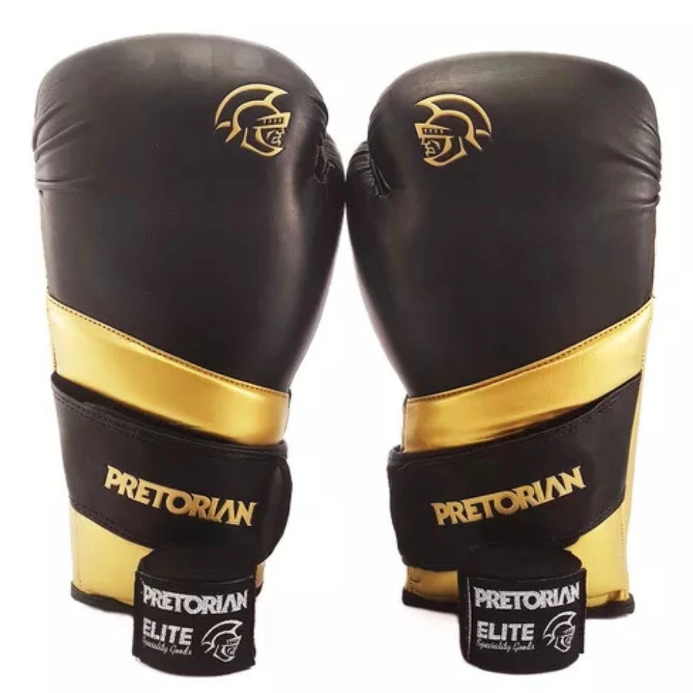 Kit Luva De Boxe Muay Thai Elite + Bandagem, Pretorian, Preto/ Dourado, 12 OZ Kit Luva De Boxe Muay Thai Elite + Bandagem, Pretorian, Preto/ Dourado, 12 OZ