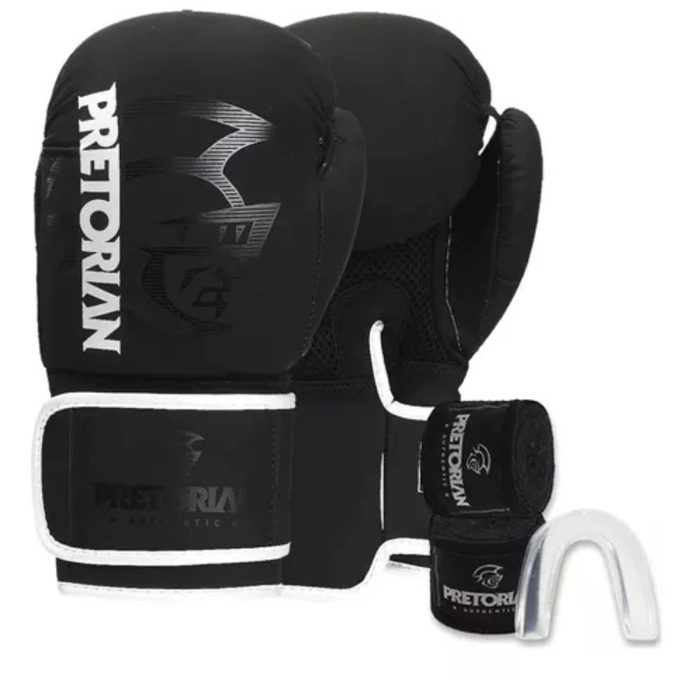 Kit Luva De Boxe Muay Thai FX2 Bandagem + Bucal, Pretorian, Preto / Prata, 12 OZ