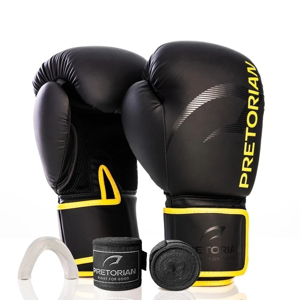 Kit Luva Pretorian De Boxe Muay Thai First Fx2 Bucal + Bandagem, Preto/ Amarelo, 14 OZ