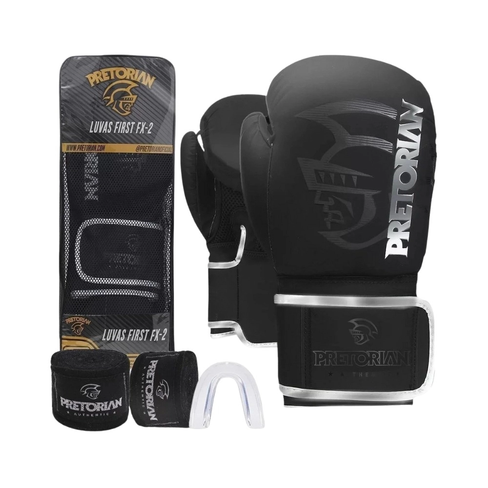 Kit Luva Pretorian De Boxe, Muay Thai First Fx2 Bucal + Bandagem, Preto/ Prata, 16 OZ