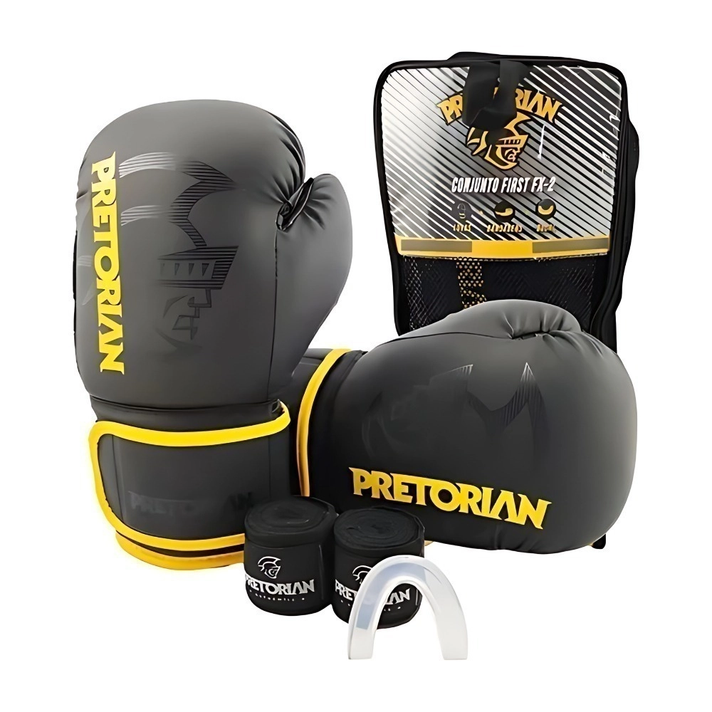 Kit Luva Pretorian De Boxe Muay Thai First Fx2 Unis Bucal + Bandagem, Preto/ Amarelo, 16 OZ