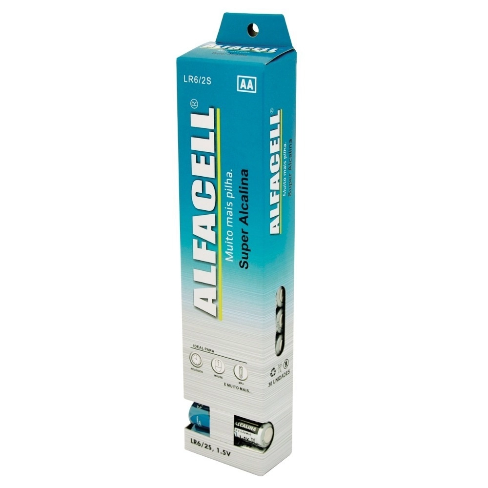 Pilha Alcalina AA Alfacell, 1.5V, Pacote Com 30 Unidades, LR62S