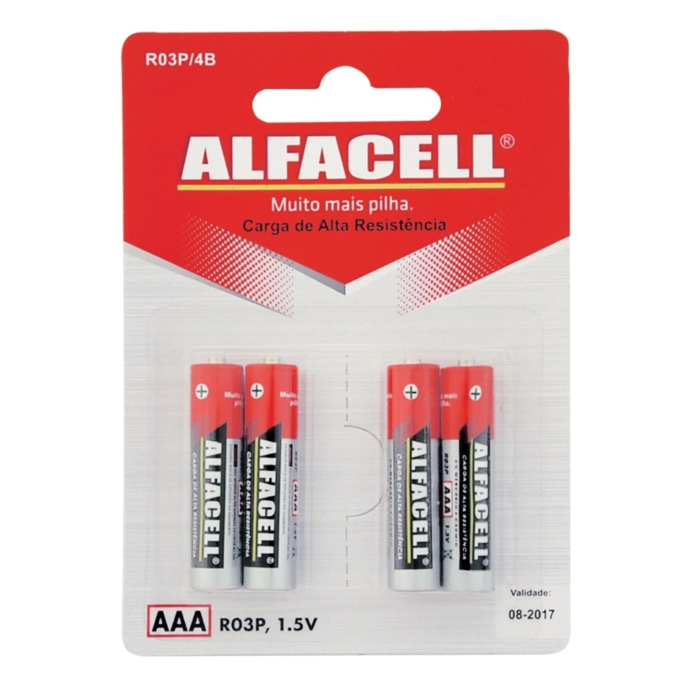 Pilha Palito Alfacell, AAA 1.5V, Blister Com 4 Unidades, R03P4B Pilha Palito Alfacell, AAA 1.5V, Blister Com 4 Unidades, R03P4B