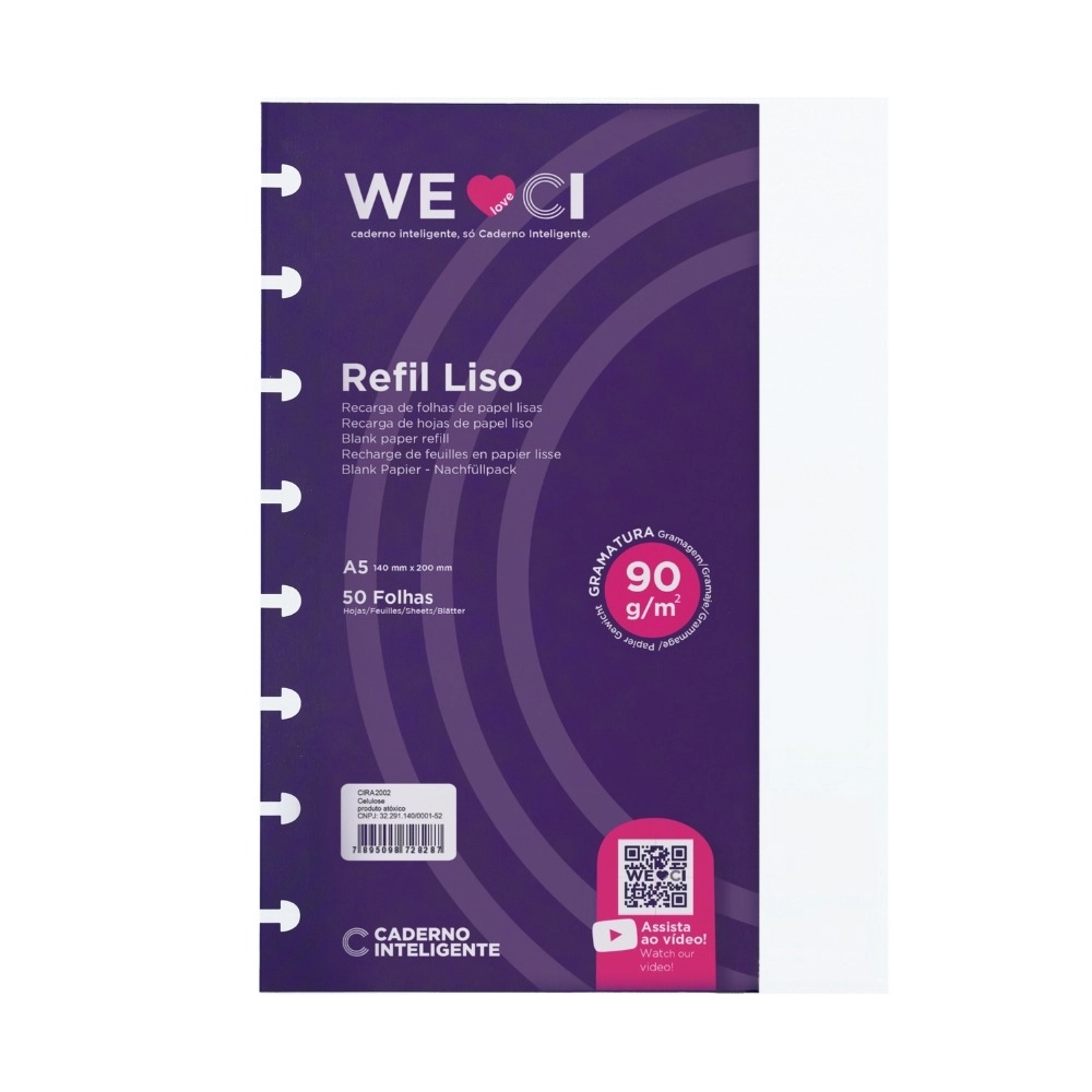 Refil Liso A5 para Caderno Inteligente: c/ 50 Folhas offset 90g
